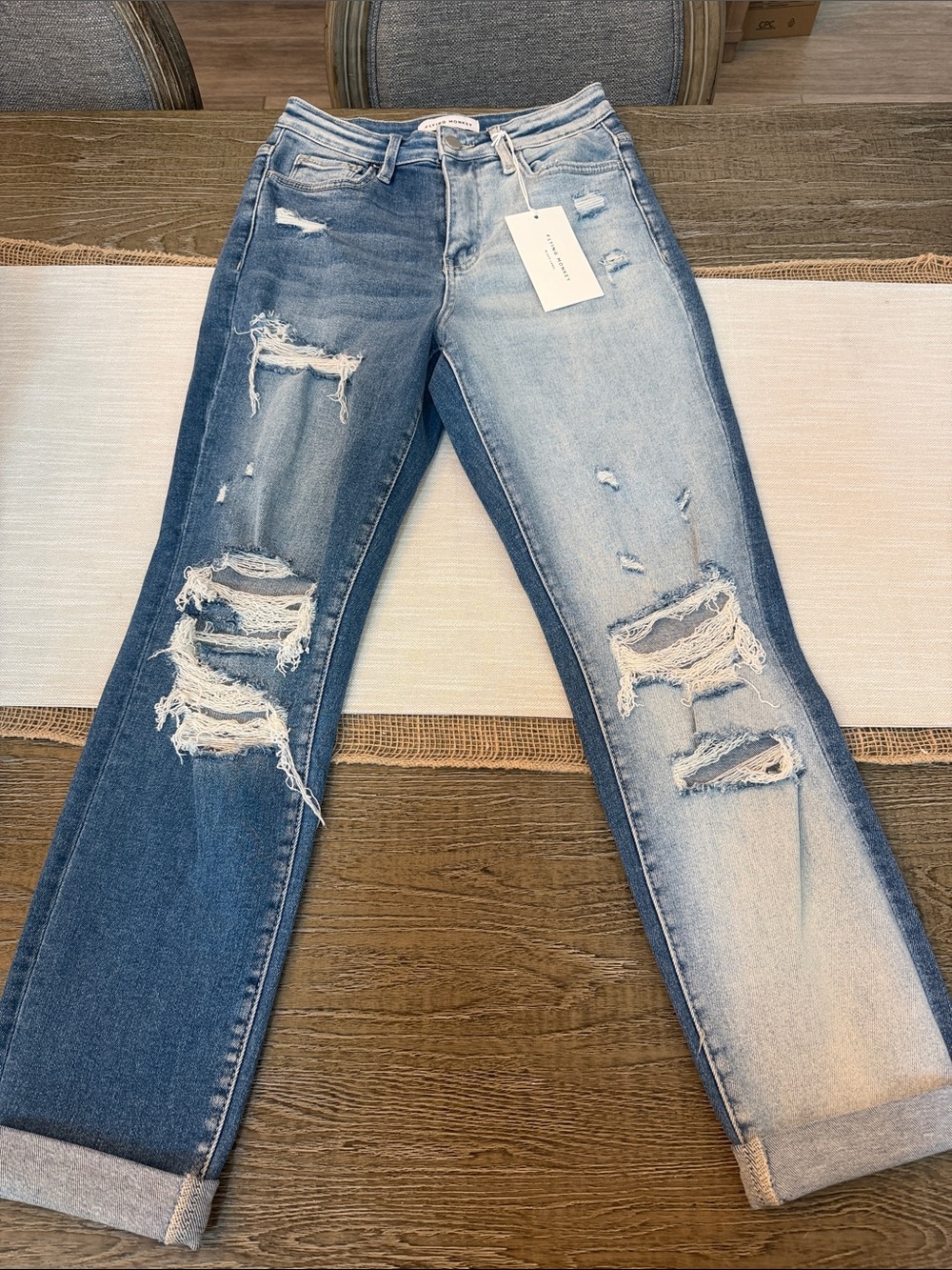 Flying Monkey Two-Tone Light Blue High Rise Distressed Jeans - Picture 2 of 11